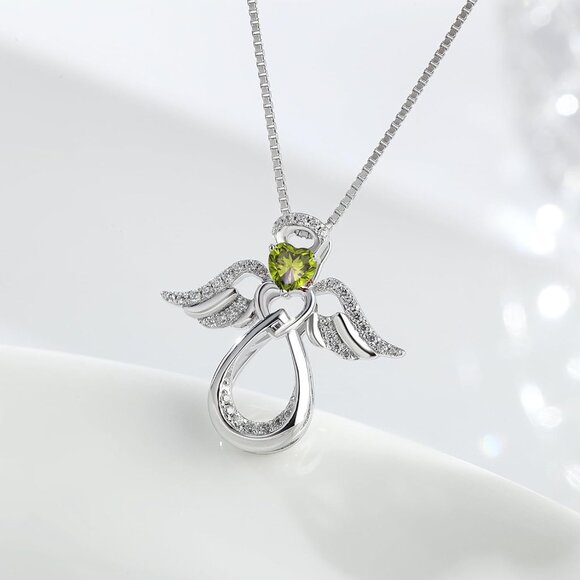 925 Sterling Silver Guardian Angel Pendant Necklace, 12 Birthstones, 19 inch Cha - Picture 4 of 7